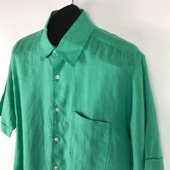 Club Room Luxury Linen Button Up Shirt Men's Size Medium Green Short Sleeve - Picture 3 of 11